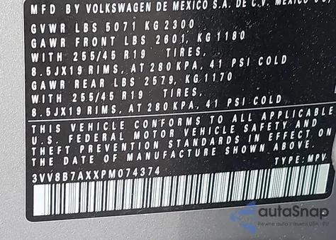 2023 Volkswagen Tiguan 2.0T Se R-Line Black из США, поврежденный, VIN 3VV8B7AXXPM074374